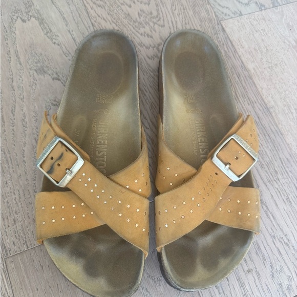 Birkenstock Siena Ochre Sandals Yellow Rivet Nubuck Slide - Picture 2 of 5